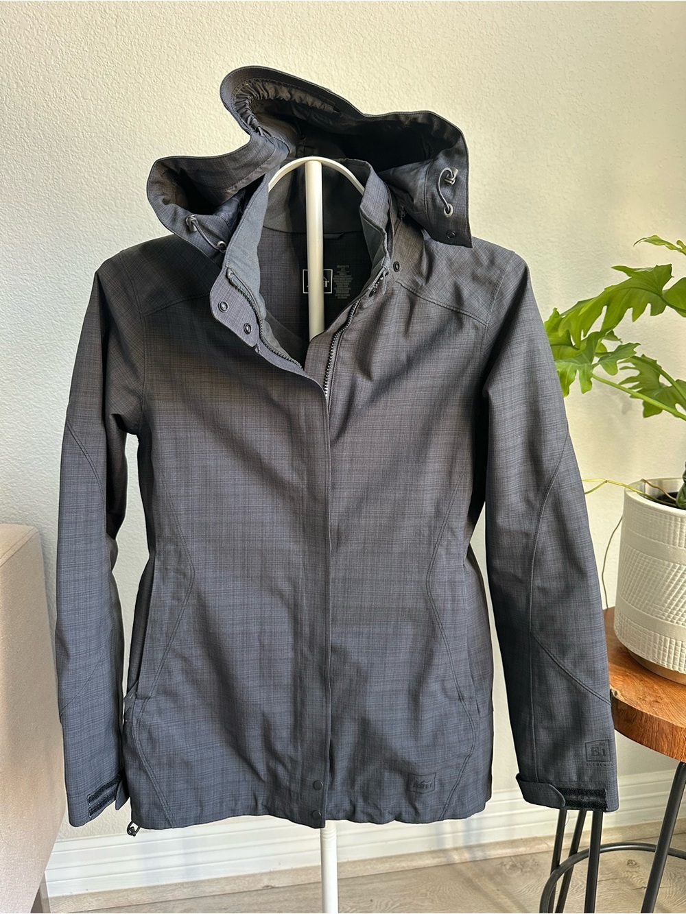 REI Women’s Hooded Rain Jacket in Charcoal Gray